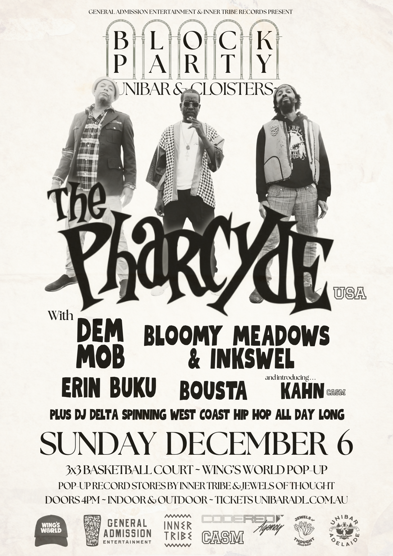 The Pharcyde Block Party poster at UniBar and Cloisters featuring Dem Mob, Bloomy Meadows, Inkswel, Erin Buku, and DJ Delta in Adelaide.